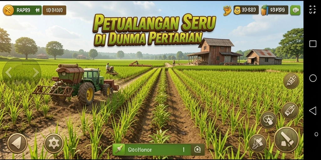 Screenshot utama RAP89 menampilkan suasana ladang yang cerah dan hewan ternak yang sehat.
