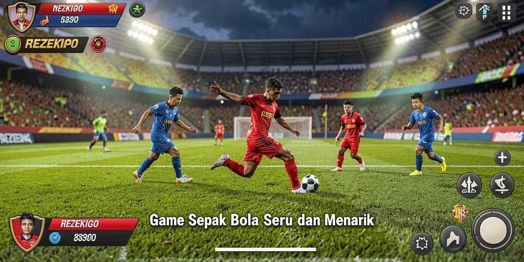 Tampilan gameplay REZEKIGO yang menegangkan di lapangan sepak bola.